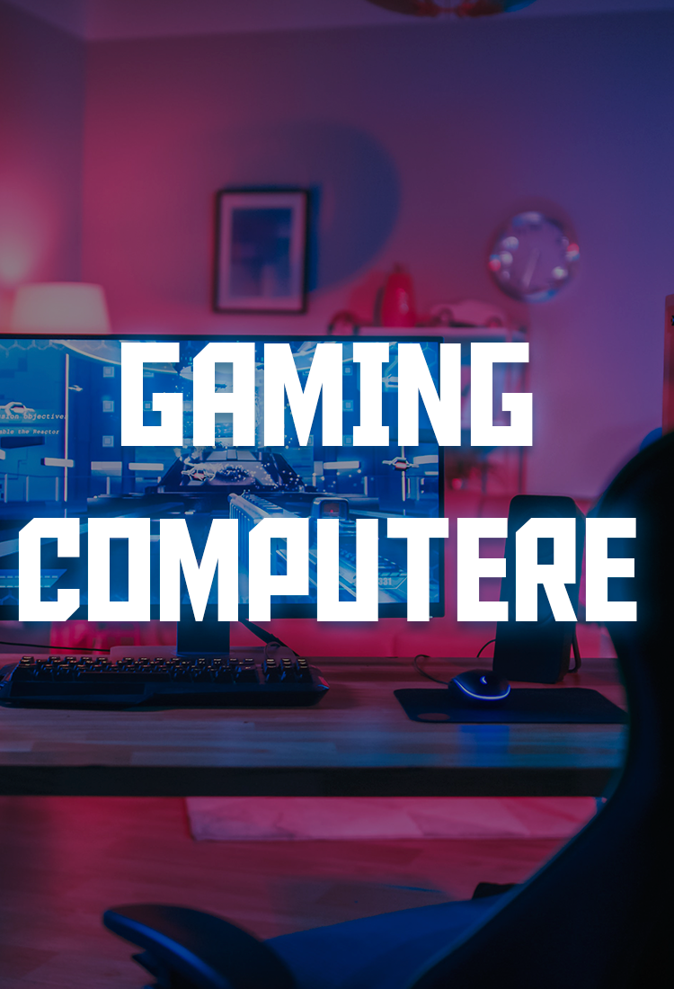 banner til geekds store udvalg af gaming pc'er. man kan se et gaming setup i baggrunden med rød led belysning