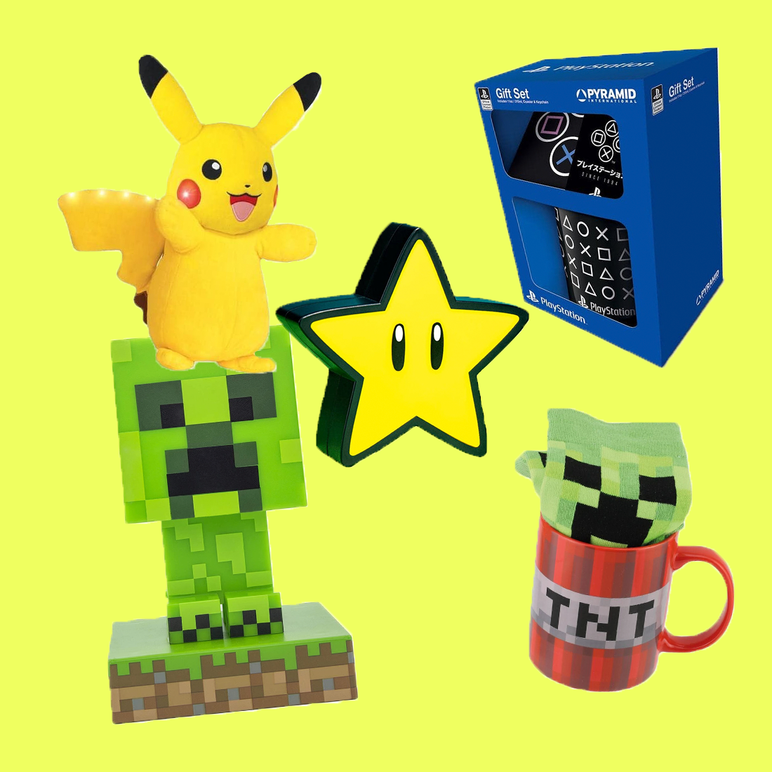 en samling af merch fra  populære spil universer. der en en gul pikachu bamse, en gul mario stjerne, en grøn creeper fra minecraft og en tnt kop i minecraft design og en kop med playstation logo og knapper